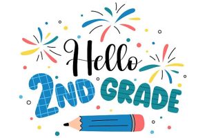 Hello 2nd Grade Back to School colorful fun vector illustration with text, pencil, and fireworks. Second grade classroom decor, poster, sublimation. Welcome back to school.